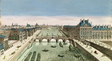 Perspektivische Ansicht von Paris von der Pont Royal (kolorierte Gravur)